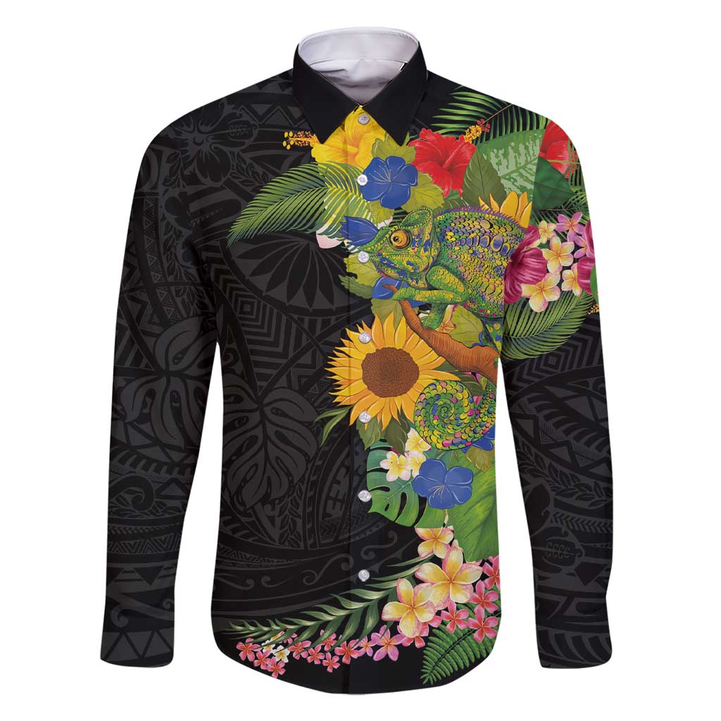 Hawaiian Tropical Plants and Chameleon Family Matching Short Sleeve Bodycon Dress and Hawaiian Shirt Polynesian Art Colorful LT03 Dad's Shirt - Long Sleeve Black - Polynesian Pride