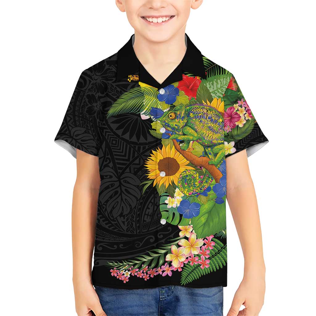 Hawaiian Tropical Plants and Chameleon Family Matching Short Sleeve Bodycon Dress and Hawaiian Shirt Polynesian Art Colorful LT03 Son's Shirt Black - Polynesian Pride