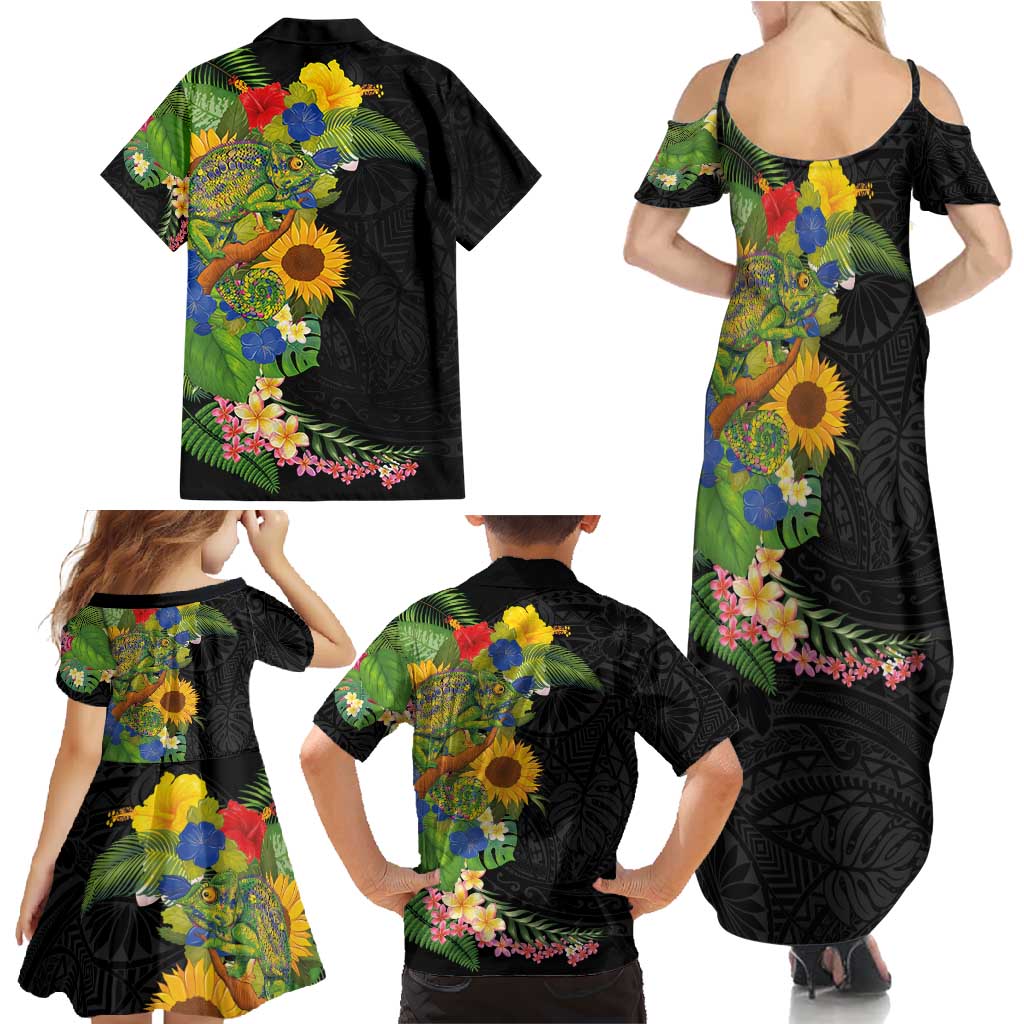 Hawaiian Tropical Plants and Chameleon Family Matching Summer Maxi Dress and Hawaiian Shirt Polynesian Art Colorful LT03 - Polynesian Pride