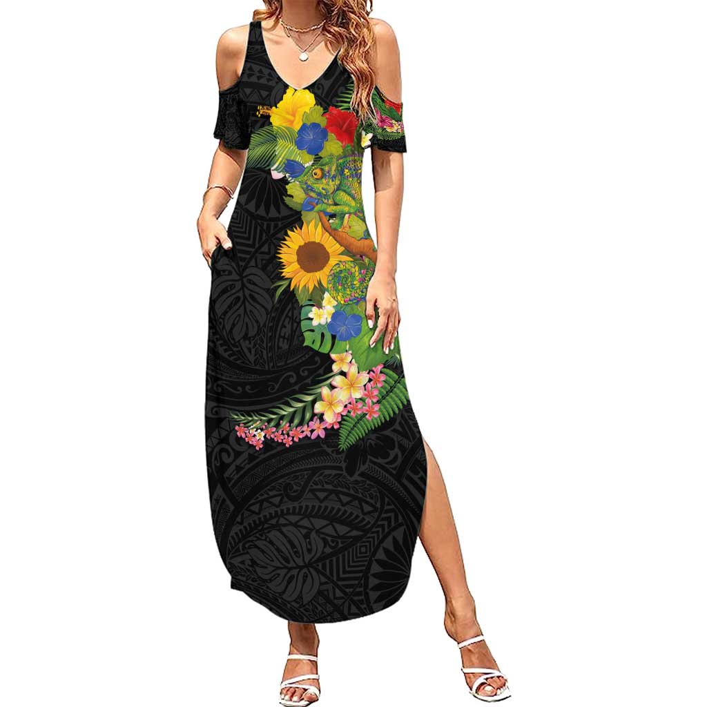Hawaiian Tropical Plants and Chameleon Family Matching Summer Maxi Dress and Hawaiian Shirt Polynesian Art Colorful LT03 Mom's Dress Black - Polynesian Pride
