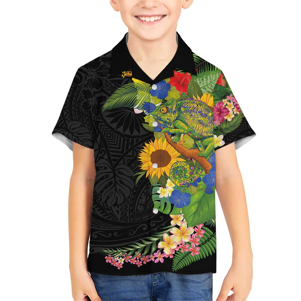 Hawaiian Tropical Plants and Chameleon Family Matching Summer Maxi Dress and Hawaiian Shirt Polynesian Art Colorful LT03 Son's Shirt Black - Polynesian Pride