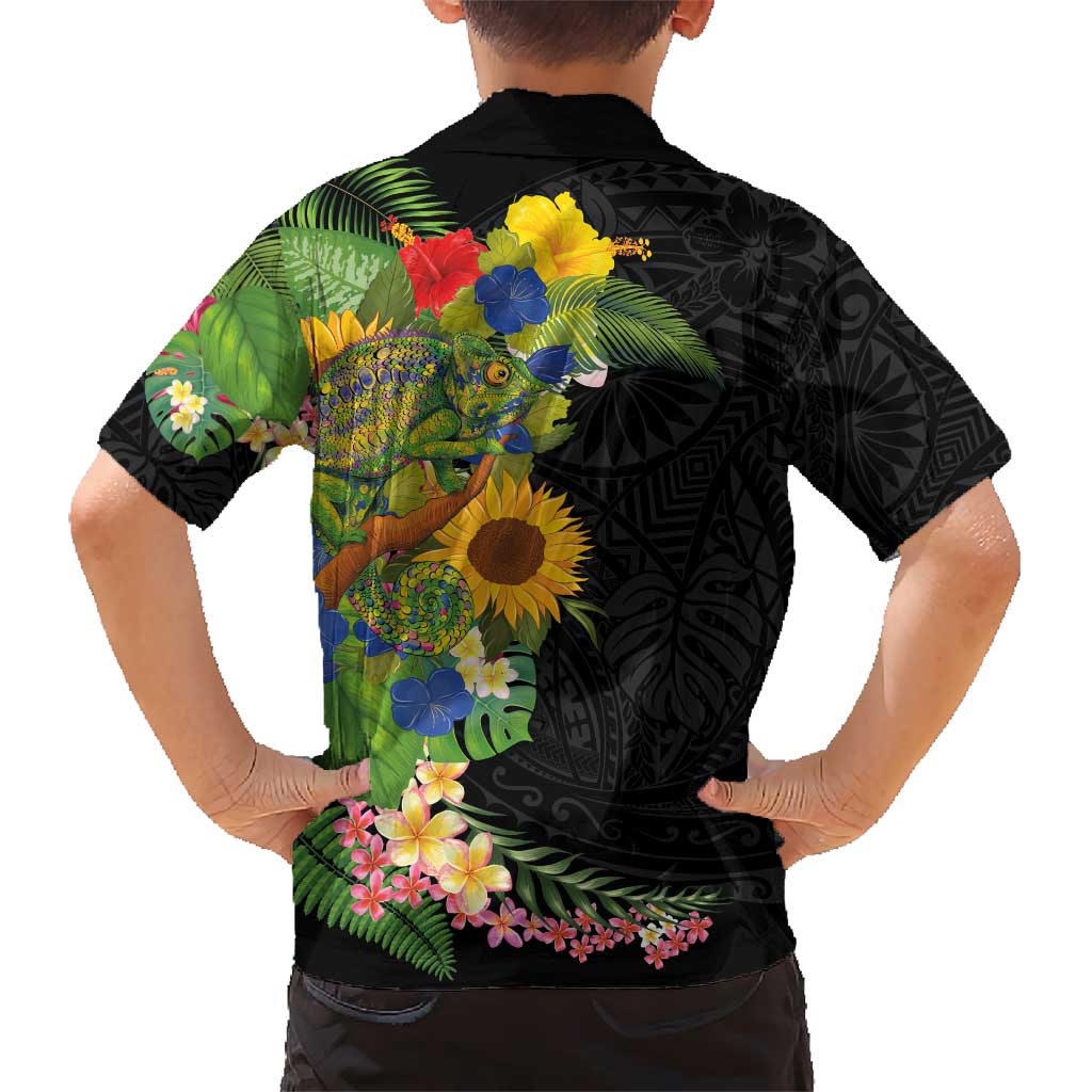 Hawaiian Tropical Plants and Chameleon Kid Hawaiian Shirt Polynesian Art Colorful - Polynesian Pride