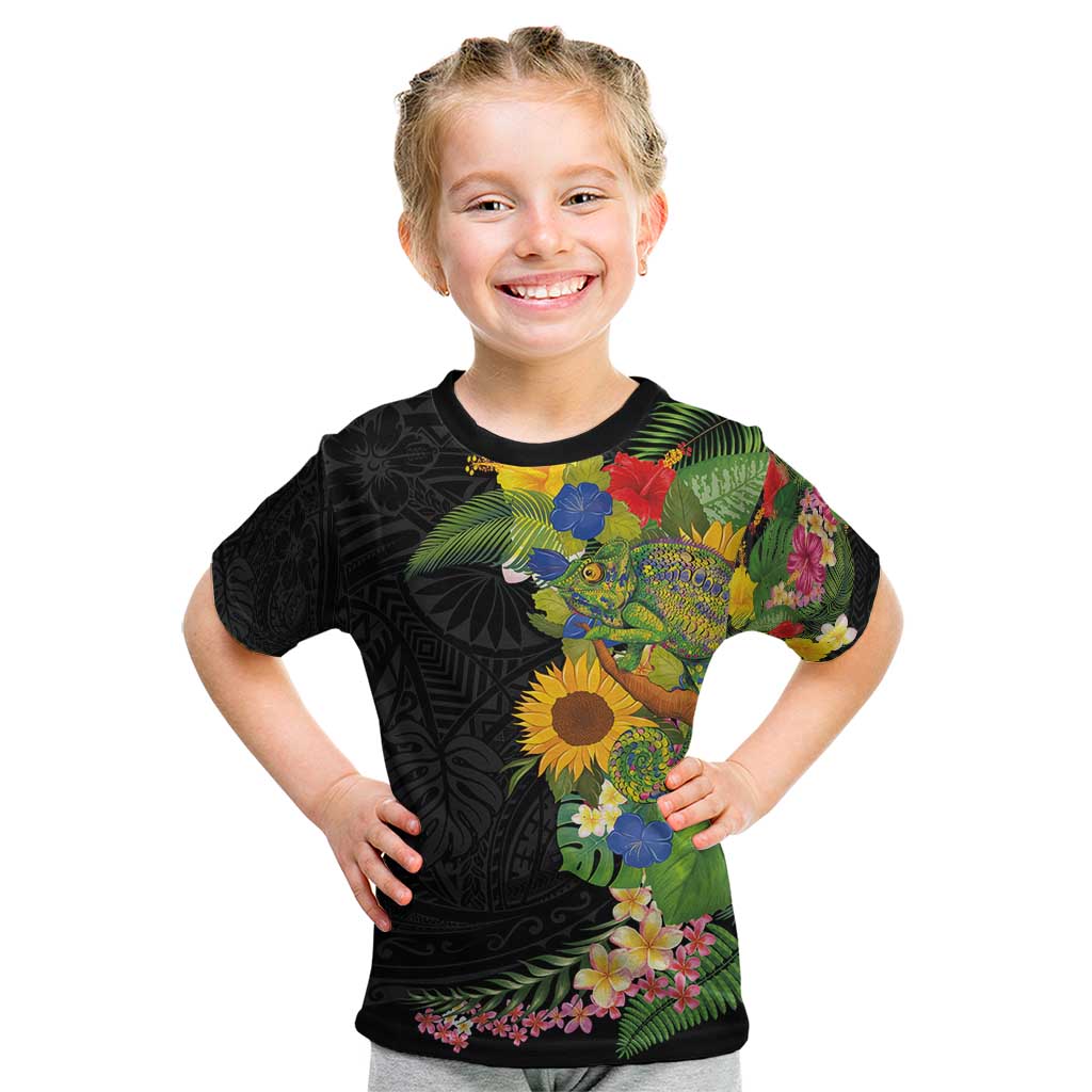 Hawaiian Tropical Plants and Chameleon Kid T Shirt Polynesian Art Colorful LT03 Black - Polynesian Pride