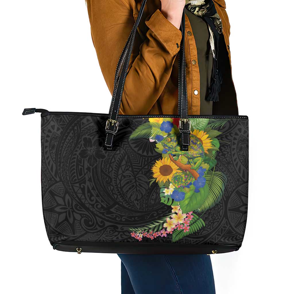 Hawaiian Tropical Plants and Chameleon Leather Tote Bag Polynesian Art Colorful - Polynesian Pride