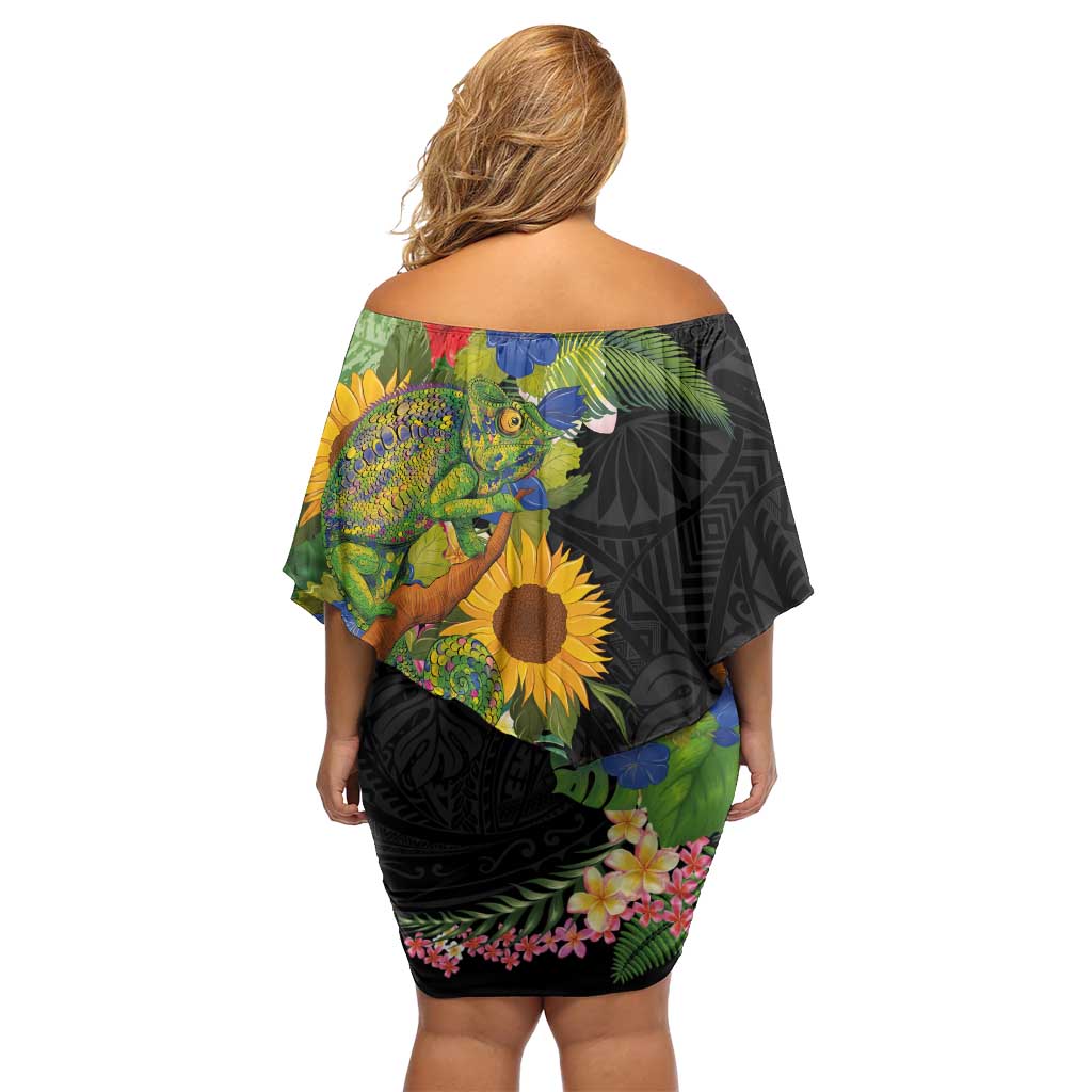 Hawaiian Tropical Plants and Chameleon Off Shoulder Short Dress Polynesian Art Colorful - Polynesian Pride