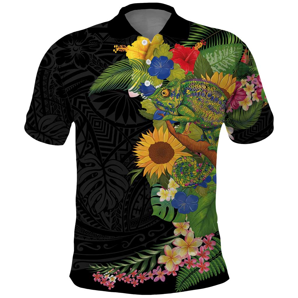 Hawaiian Tropical Plants and Chameleon Polo Shirt Polynesian Art Colorful LT03 Black - Polynesian Pride