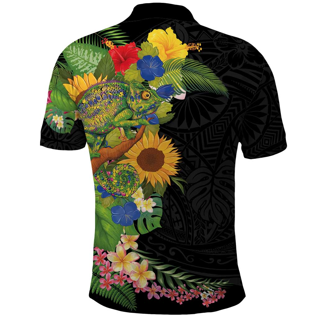 Hawaiian Tropical Plants and Chameleon Polo Shirt Polynesian Art Colorful LT03 - Polynesian Pride