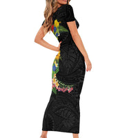 Hawaiian Tropical Plants and Chameleon Short Sleeve Bodycon Dress Polynesian Art Colorful - Polynesian Pride