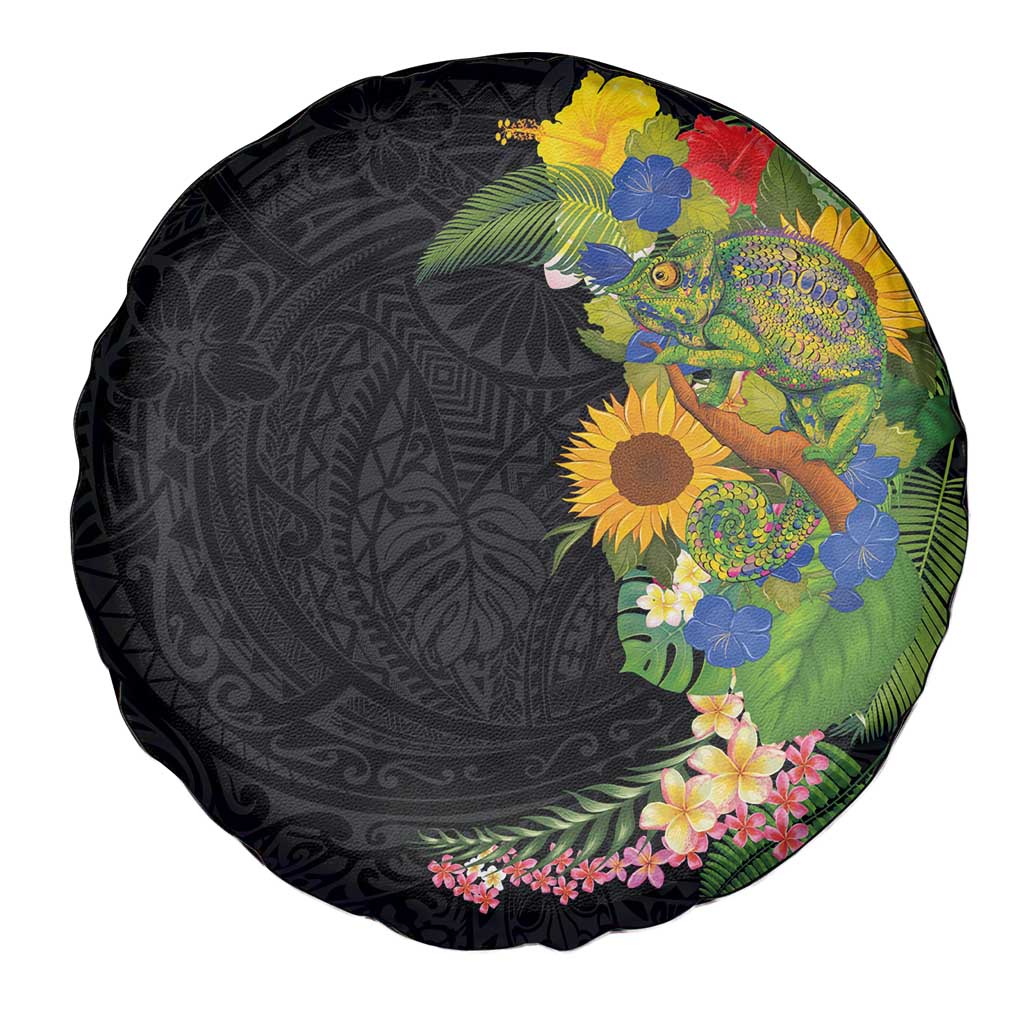 Hawaiian Tropical Plants and Chameleon Spare Tire Cover Polynesian Art Colorful - Polynesian Pride