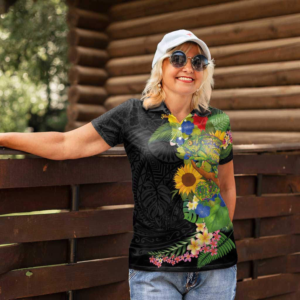 Hawaiian Tropical Plants and Chameleon Women Polo Shirt Polynesian Art Colorful - Polynesian Pride