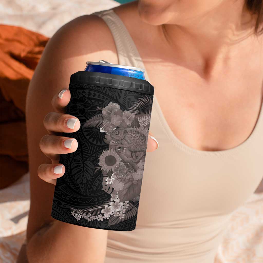Hawaiian Tropical Plants and Chameleon 4 in 1 Can Cooler Tumbler Polynesian Art Grayscale - Polynesian Pride