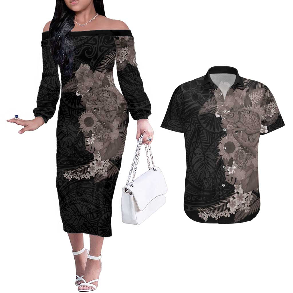 Hawaiian Tropical Plants and Chameleon Couples Matching Off The Shoulder Long Sleeve Dress and Hawaiian Shirt Polynesian Art Grayscale - Polynesian Pride