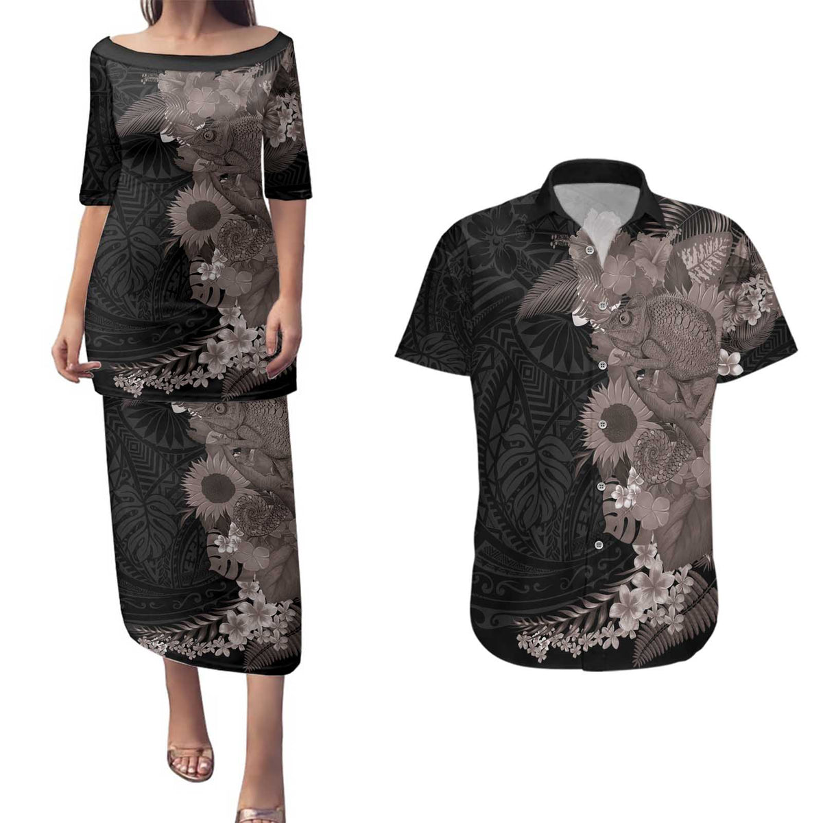 Hawaiian Tropical Plants and Chameleon Couples Matching Puletasi and Hawaiian Shirt Polynesian Art Grayscale - Polynesian Pride