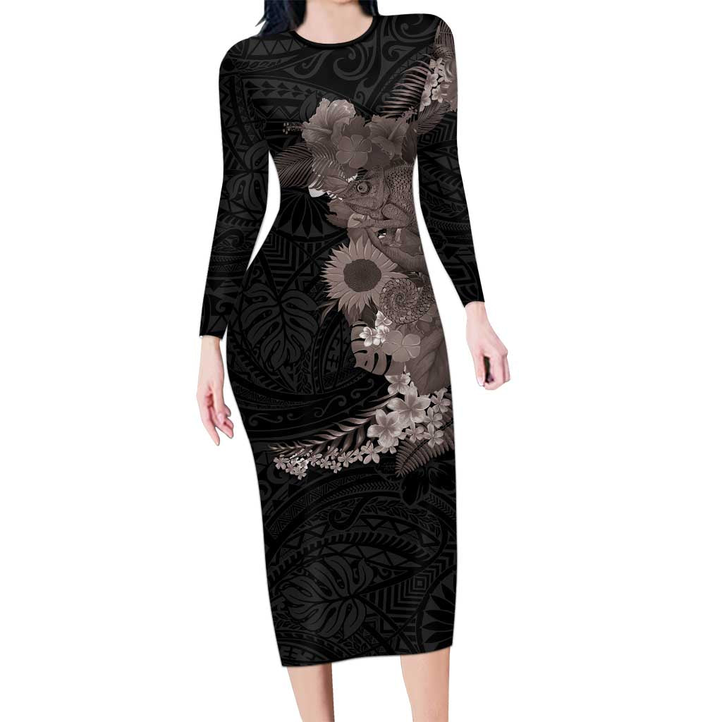 Hawaiian Tropical Plants and Chameleon Family Matching Long Sleeve Bodycon Dress and Hawaiian Shirt Polynesian Art Grayscale LT03 Mom's Dress Black - Polynesian Pride