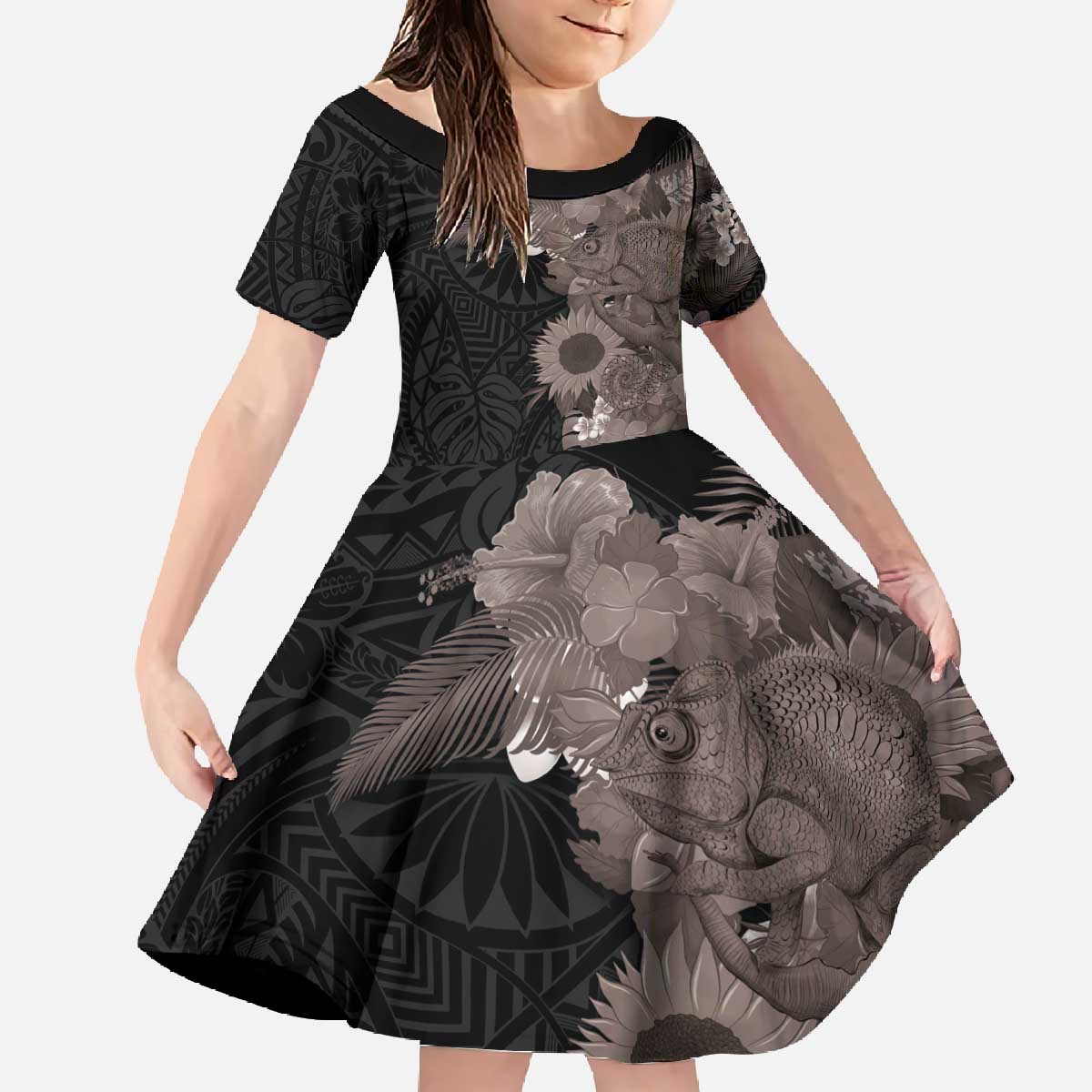 Hawaiian Tropical Plants and Chameleon Family Matching Off The Shoulder Long Sleeve Dress and Hawaiian Shirt Polynesian Art Grayscale LT03 Daughter's Dress Black - Polynesian Pride