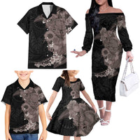 Hawaiian Tropical Plants and Chameleon Family Matching Off The Shoulder Long Sleeve Dress and Hawaiian Shirt Polynesian Art Grayscale LT03 - Polynesian Pride