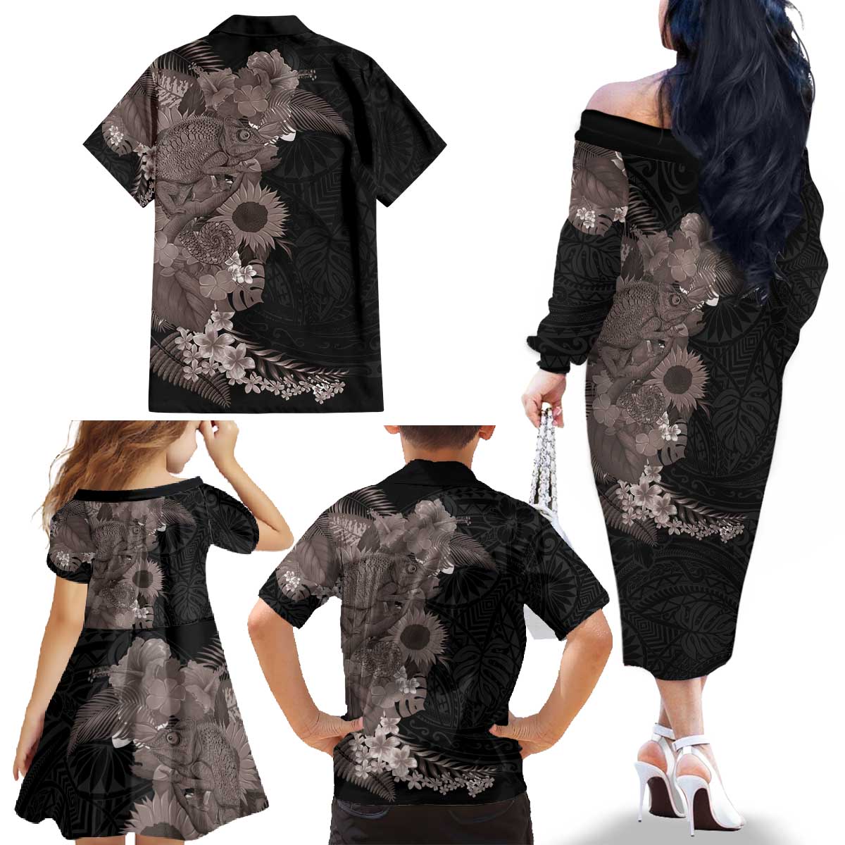 Hawaiian Tropical Plants and Chameleon Family Matching Off The Shoulder Long Sleeve Dress and Hawaiian Shirt Polynesian Art Grayscale LT03 - Polynesian Pride