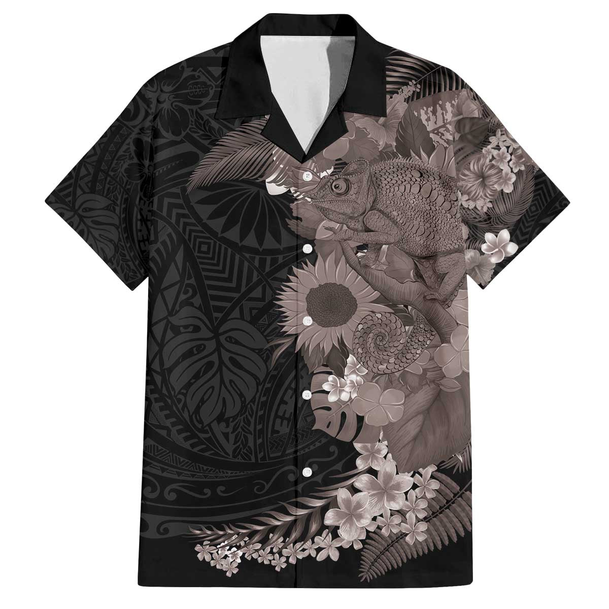 Hawaiian Tropical Plants and Chameleon Family Matching Off The Shoulder Long Sleeve Dress and Hawaiian Shirt Polynesian Art Grayscale LT03 Dad's Shirt - Short Sleeve Black - Polynesian Pride