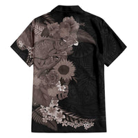Hawaiian Tropical Plants and Chameleon Family Matching Off The Shoulder Long Sleeve Dress and Hawaiian Shirt Polynesian Art Grayscale LT03 - Polynesian Pride