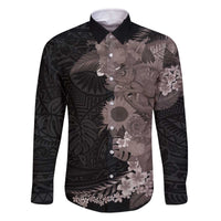 Hawaiian Tropical Plants and Chameleon Family Matching Off The Shoulder Long Sleeve Dress and Hawaiian Shirt Polynesian Art Grayscale LT03 Dad's Shirt - Long Sleeve Black - Polynesian Pride