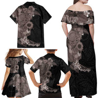 Hawaiian Tropical Plants and Chameleon Family Matching Off Shoulder Maxi Dress and Hawaiian Shirt Polynesian Art Grayscale LT03 - Polynesian Pride