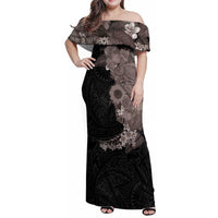 Hawaiian Tropical Plants and Chameleon Family Matching Off Shoulder Maxi Dress and Hawaiian Shirt Polynesian Art Grayscale LT03 Mom's Dress Black - Polynesian Pride