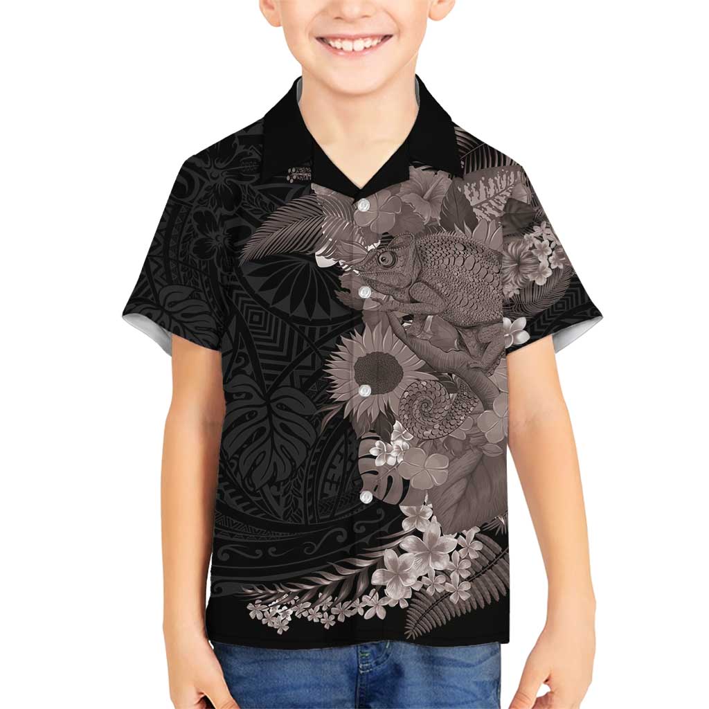 Hawaiian Tropical Plants and Chameleon Family Matching Off Shoulder Maxi Dress and Hawaiian Shirt Polynesian Art Grayscale LT03 Son's Shirt Black - Polynesian Pride