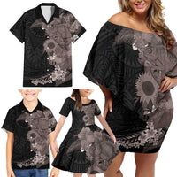 Hawaiian Tropical Plants and Chameleon Family Matching Off Shoulder Short Dress and Hawaiian Shirt Polynesian Art Grayscale LT03 - Polynesian Pride