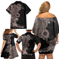 Hawaiian Tropical Plants and Chameleon Family Matching Off Shoulder Short Dress and Hawaiian Shirt Polynesian Art Grayscale LT03 - Polynesian Pride