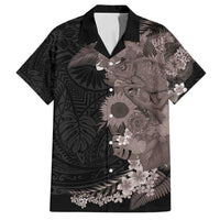 Hawaiian Tropical Plants and Chameleon Family Matching Off Shoulder Short Dress and Hawaiian Shirt Polynesian Art Grayscale LT03 Dad's Shirt - Short Sleeve Black - Polynesian Pride