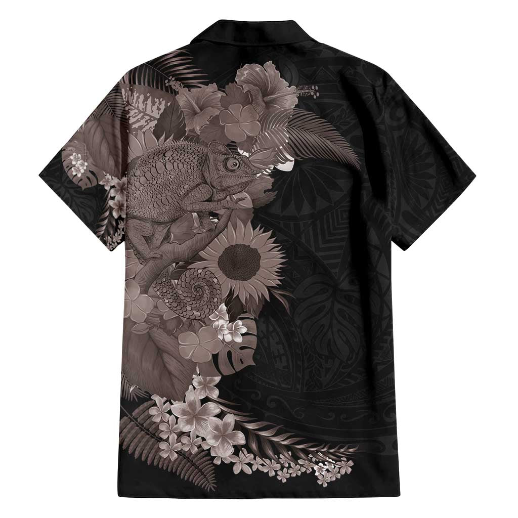 Hawaiian Tropical Plants and Chameleon Family Matching Off Shoulder Short Dress and Hawaiian Shirt Polynesian Art Grayscale LT03 - Polynesian Pride