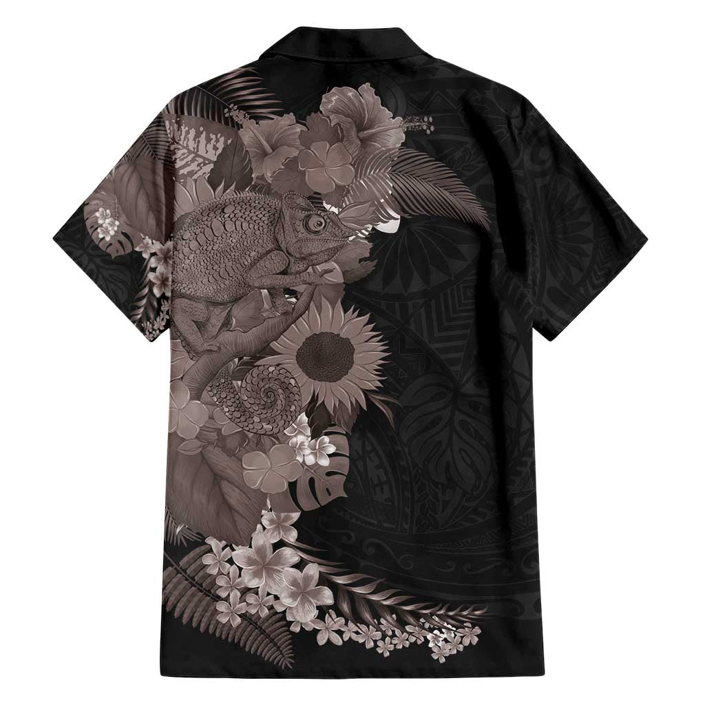 Hawaiian Tropical Plants and Chameleon Family Matching Short Sleeve Bodycon Dress and Hawaiian Shirt Polynesian Art Grayscale LT03 - Polynesian Pride