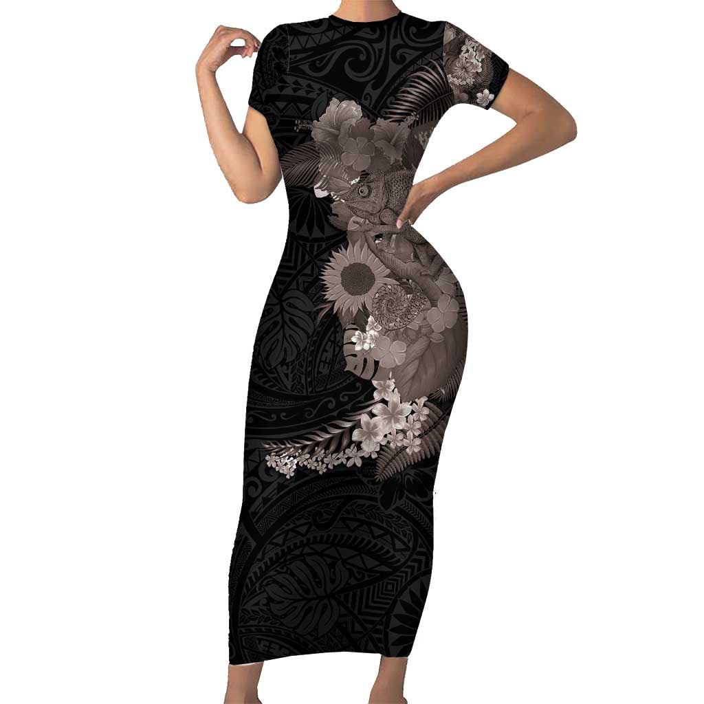 Hawaiian Tropical Plants and Chameleon Family Matching Short Sleeve Bodycon Dress and Hawaiian Shirt Polynesian Art Grayscale LT03 Mom's Dress Black - Polynesian Pride