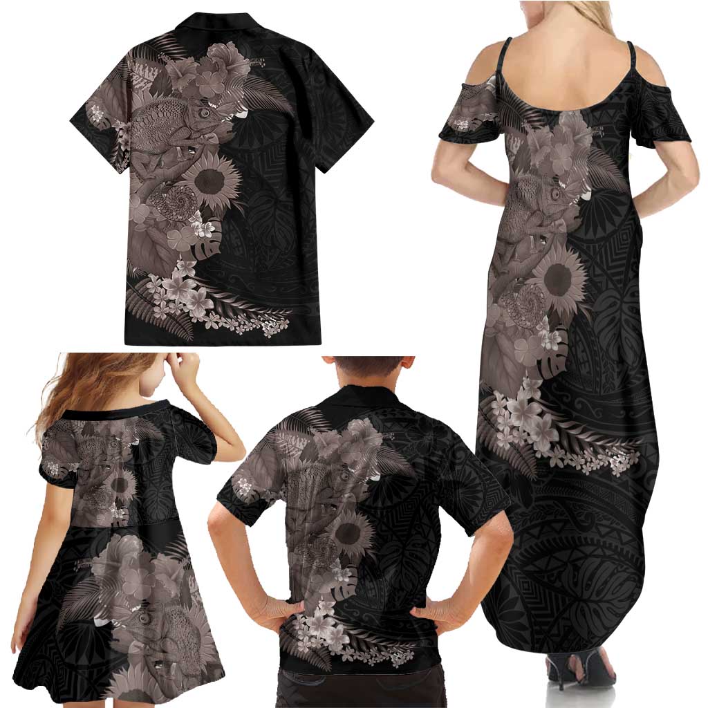 Hawaiian Tropical Plants and Chameleon Family Matching Summer Maxi Dress and Hawaiian Shirt Polynesian Art Grayscale LT03 - Polynesian Pride