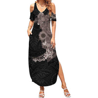 Hawaiian Tropical Plants and Chameleon Family Matching Summer Maxi Dress and Hawaiian Shirt Polynesian Art Grayscale LT03 Mom's Dress Black - Polynesian Pride