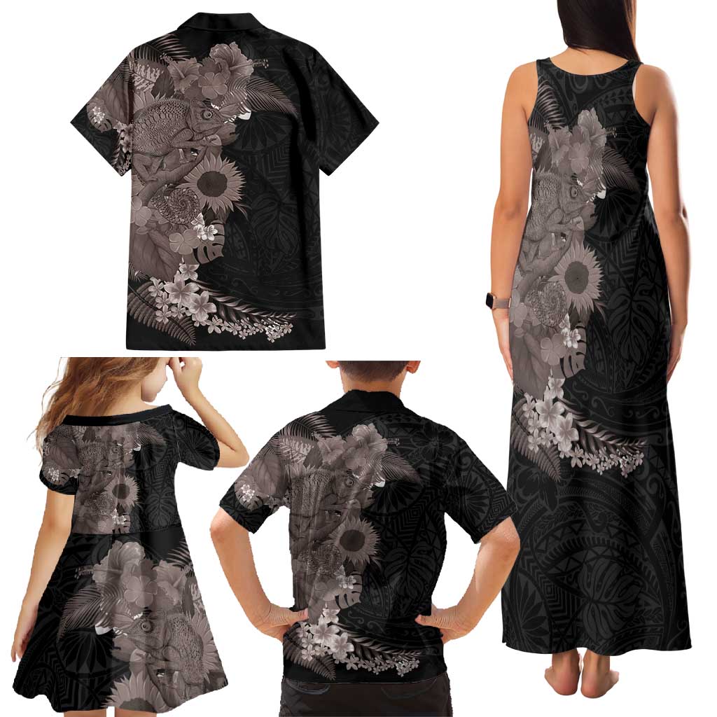 Hawaiian Tropical Plants and Chameleon Family Matching Tank Maxi Dress and Hawaiian Shirt Polynesian Art Grayscale LT03 - Polynesian Pride