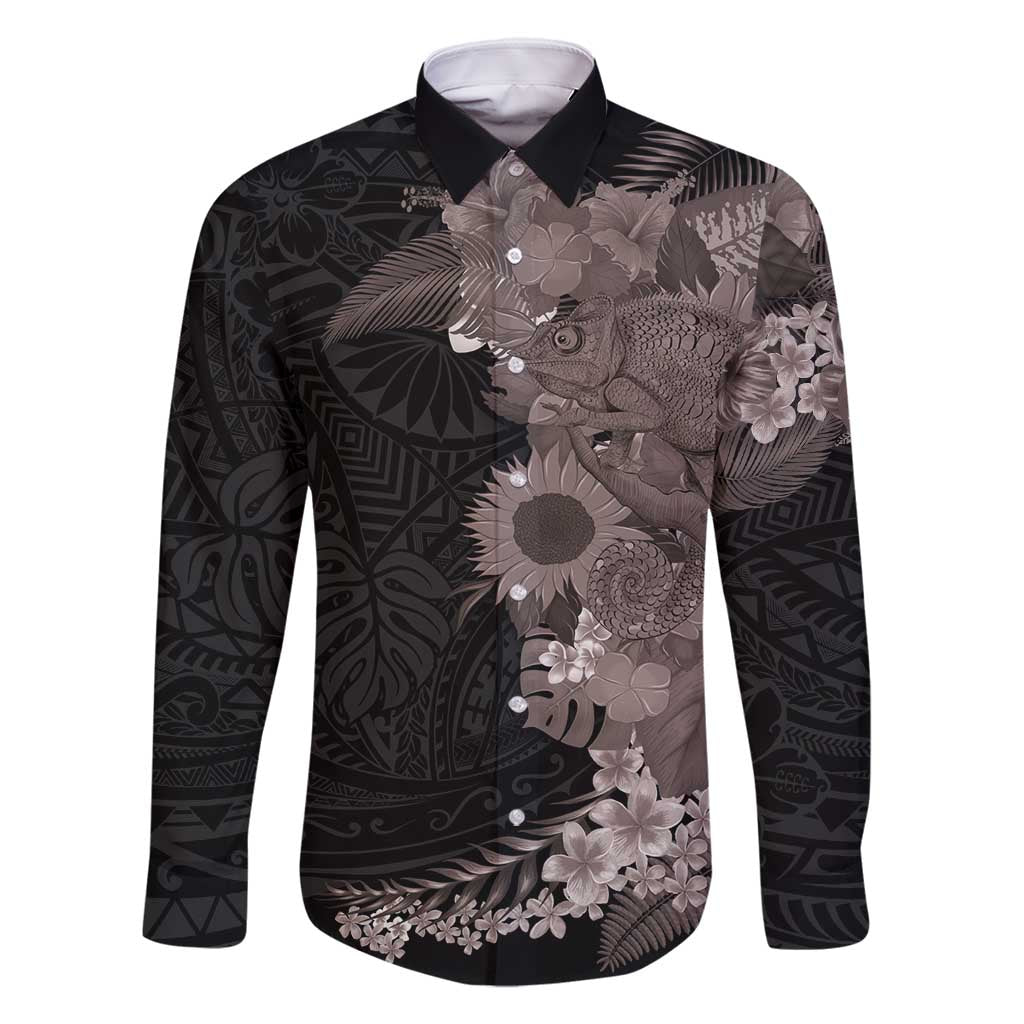 Hawaiian Tropical Plants and Chameleon Family Matching Tank Maxi Dress and Hawaiian Shirt Polynesian Art Grayscale LT03 Dad's Shirt - Long Sleeve Black - Polynesian Pride