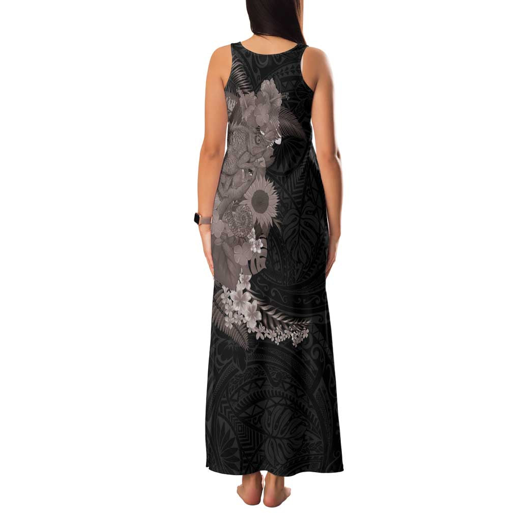 Hawaiian Tropical Plants and Chameleon Family Matching Tank Maxi Dress and Hawaiian Shirt Polynesian Art Grayscale LT03 - Polynesian Pride