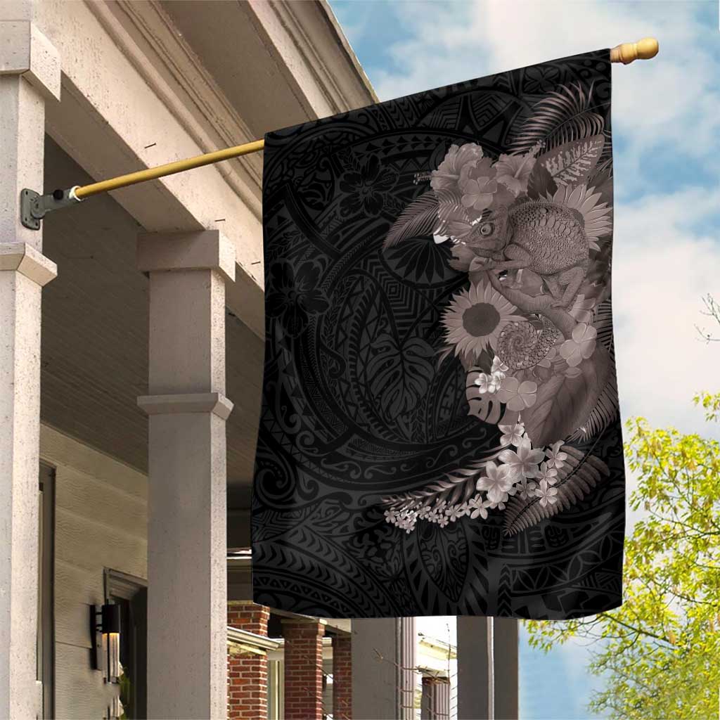 Hawaiian Tropical Plants and Chameleon Garden Flag Polynesian Art Grayscale - Polynesian Pride