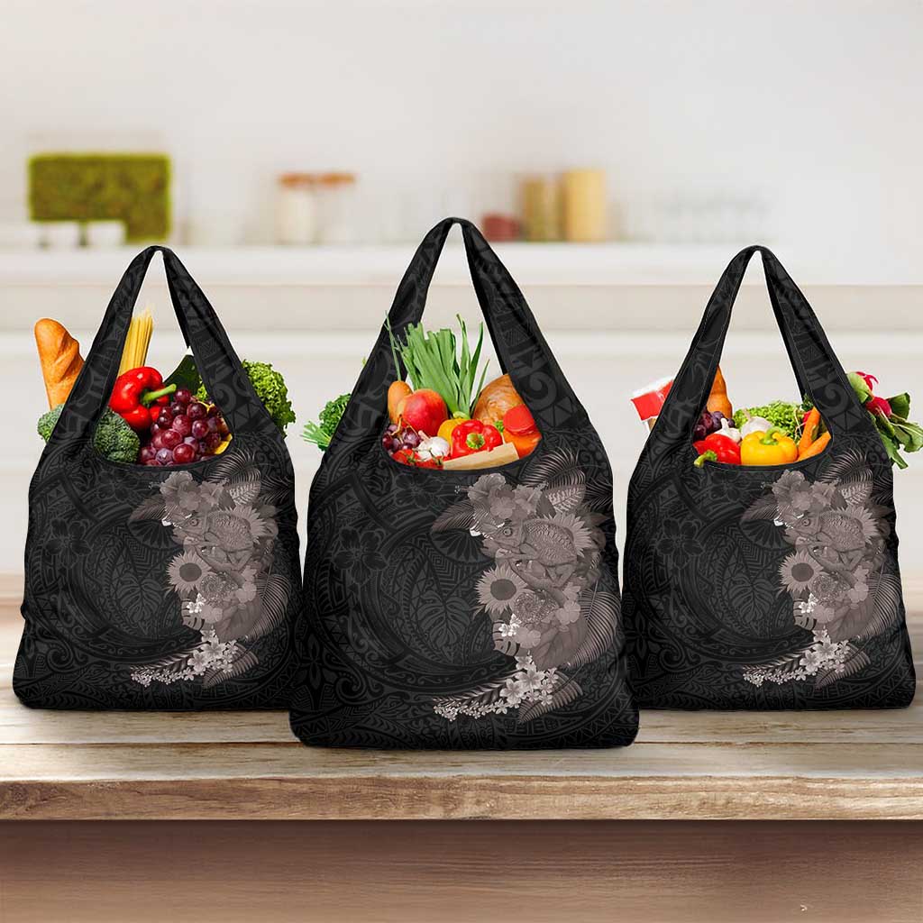 Hawaiian Tropical Plants and Chameleon Grocery Bag Polynesian Art Grayscale - Polynesian Pride