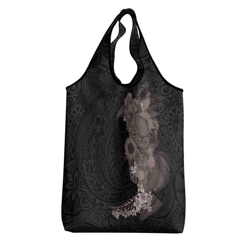 Hawaiian Tropical Plants and Chameleon Grocery Bag Polynesian Art Grayscale - Polynesian Pride