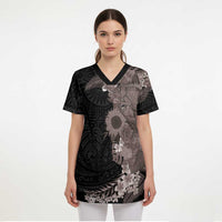 Hawaiian Tropical Plants and Chameleon Scrub Top Polynesian Art Grayscale - Polynesian Pride