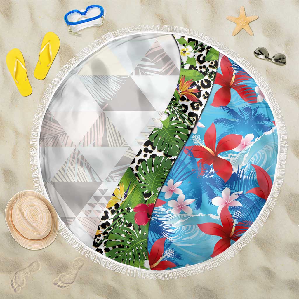 Hawaiian Tropical Flowers and Leaves Beach Blanket on Leopard Pattern Half Style White-Blue Version - Polynesian Pride