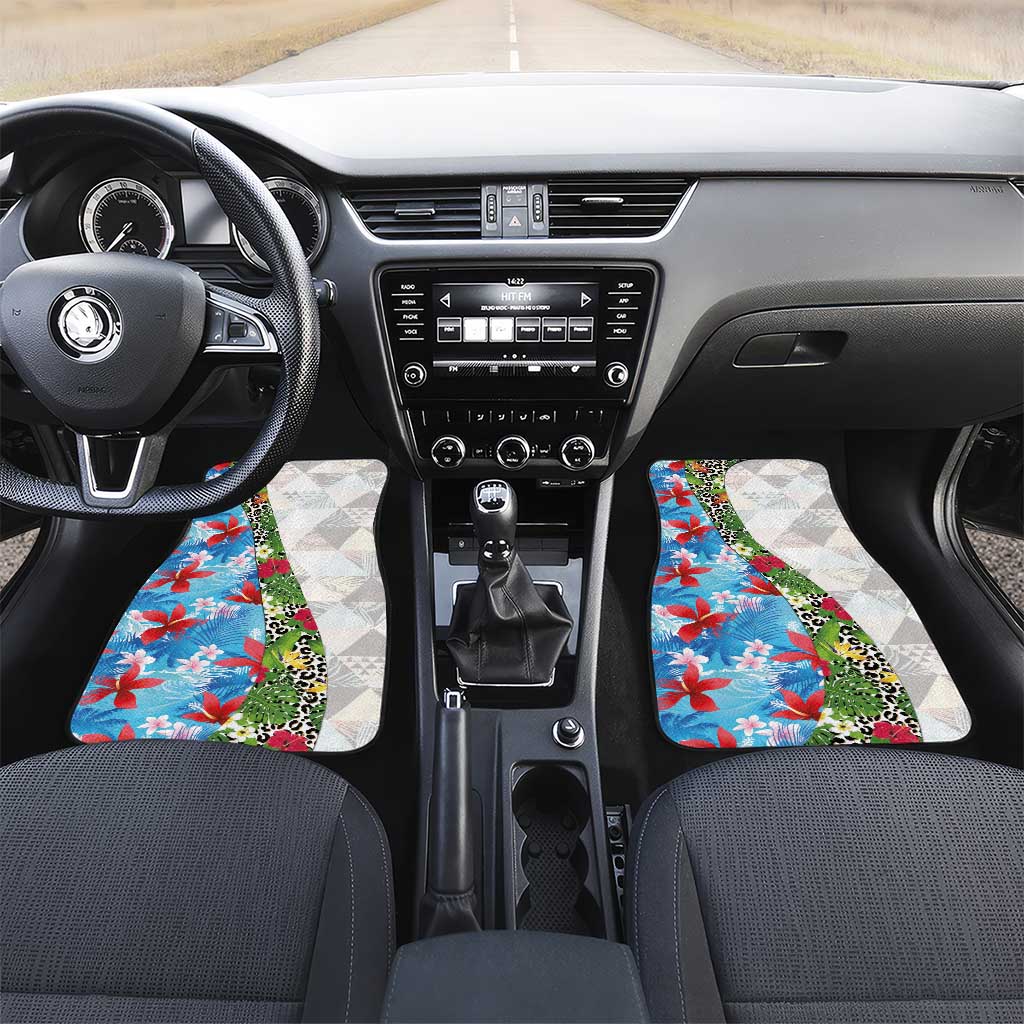 Hawaiian Tropical Flowers and Leaves Car Mats on Leopard Pattern Half Style White-Blue Version - Polynesian Pride