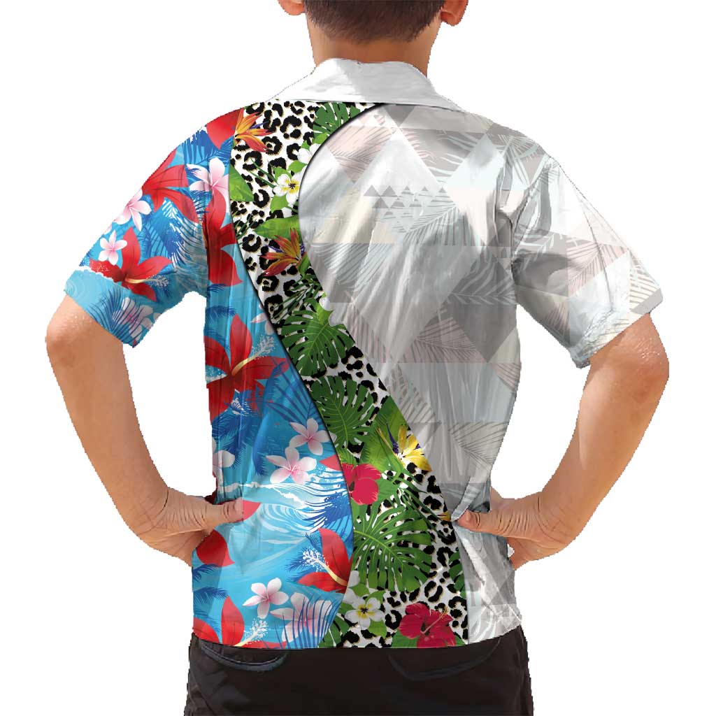 Hawaiian Tropical Flowers and Leaves Family Matching Long Sleeve Bodycon Dress and Hawaiian Shirt on Leopard Pattern Half Style White-Blue Version - Polynesian Pride