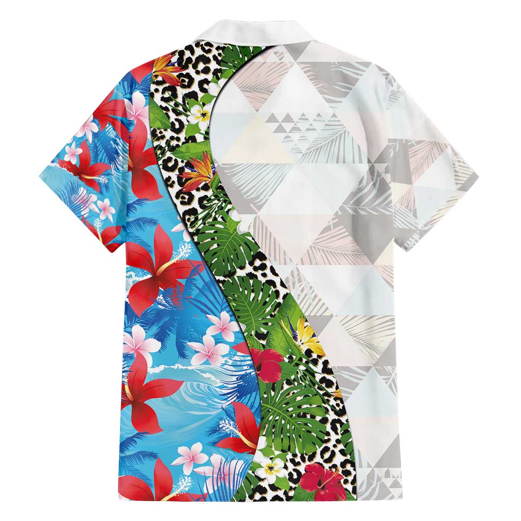 Hawaiian Tropical Flowers and Leaves Family Matching Long Sleeve Bodycon Dress and Hawaiian Shirt on Leopard Pattern Half Style White-Blue Version - Polynesian Pride