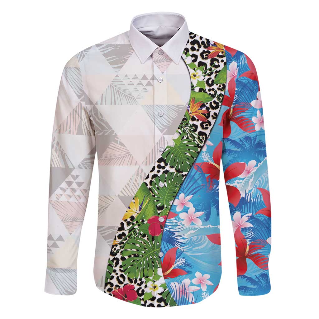 Hawaiian Tropical Flowers and Leaves Family Matching Long Sleeve Bodycon Dress and Hawaiian Shirt on Leopard Pattern Half Style White-Blue Version - Polynesian Pride