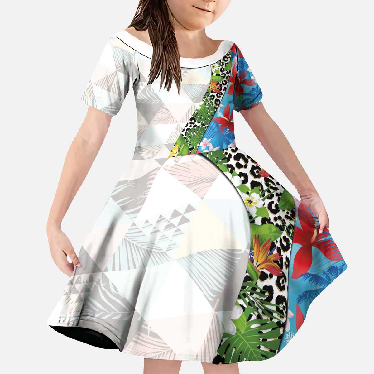 Hawaiian Tropical Flowers and Leaves Family Matching Off The Shoulder Long Sleeve Dress and Hawaiian Shirt on Leopard Pattern Half Style White-Blue Version - Polynesian Pride