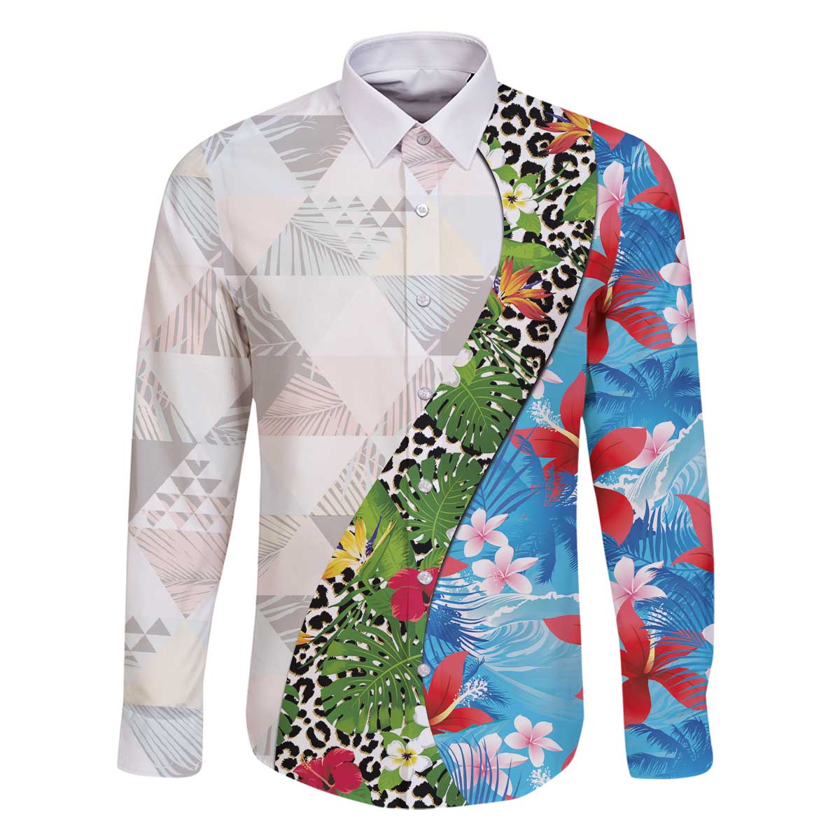 Hawaiian Tropical Flowers and Leaves Family Matching Off The Shoulder Long Sleeve Dress and Hawaiian Shirt on Leopard Pattern Half Style White-Blue Version - Polynesian Pride