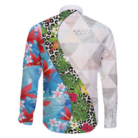 Hawaiian Tropical Flowers and Leaves Family Matching Off The Shoulder Long Sleeve Dress and Hawaiian Shirt on Leopard Pattern Half Style White-Blue Version - Polynesian Pride